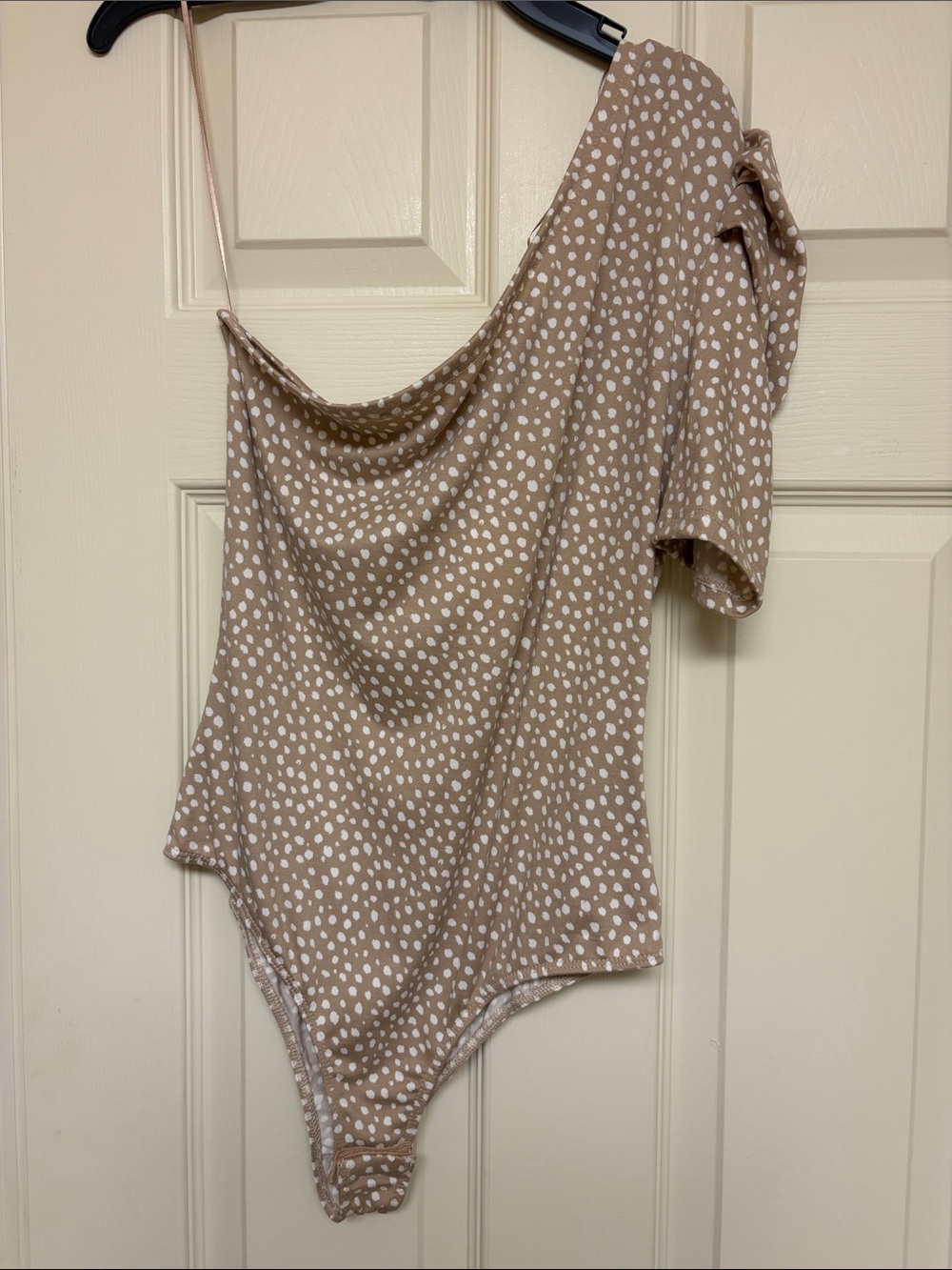 Good Luck Gem Taupe Polka Dot One-Shoulder Bodysuit